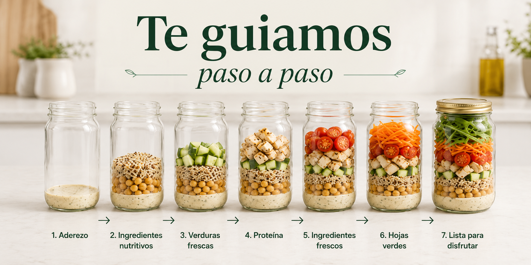 Siete frascos mostrando las capas: aderezo, ingredientes nutritivos, verduras frescas, proteína, ingredientes frescos, hojas verdes y lista para disfrutar