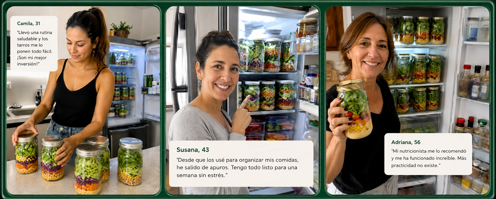 Camila, Renata y Adriana mostrando sus frascos de ensalada listos para toda la semana